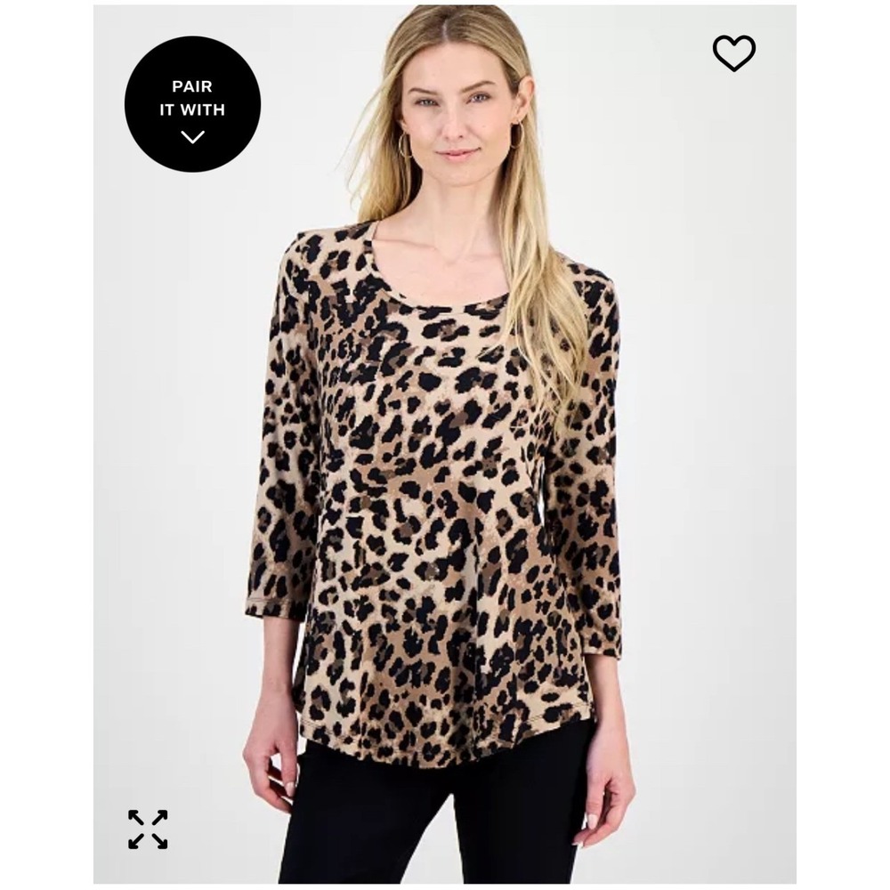 JM Collection Cheetah Leopard Print 3/4 Sleeve Scoop Neck Top Brown Black Medium
